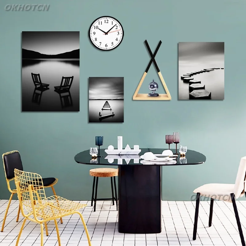 

Nordic Style Modern Canvas Painting For Living Room Home Wall Art Decoration Black And White Landscape Lake Modular Print Poster