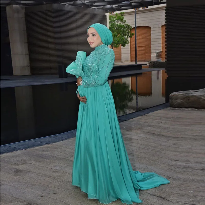 

Green Elegant Exquisite Evening Dress A-Line Floor Length With Train Applique Saudi Arabia Muslim Dubai Prom Dress Plus Size