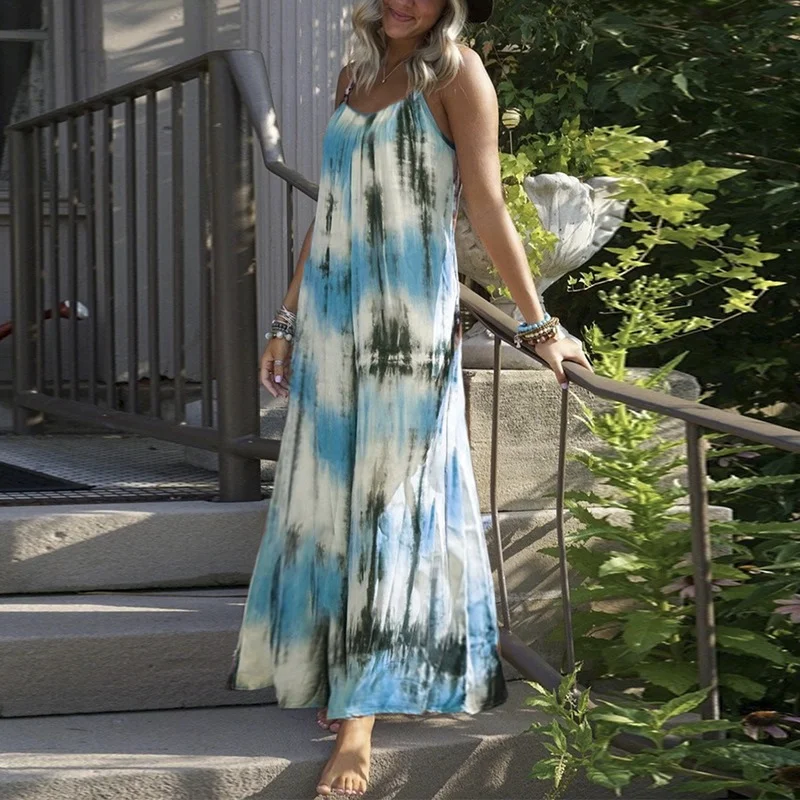 

Summer Tie Dye Beach Dress Casual Striped Print Strap Dress Women Fashion Sleeveless Loose Plus Size Midi Dress Vacation Female