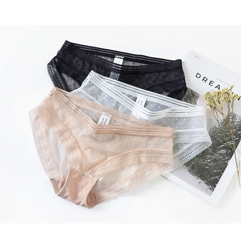 

Low-waist Mesh Lace Wrap Hip Briefs Polka-Dot Sexy See-Through Pure Cotton Bottoms Breathable Ladies Underwear