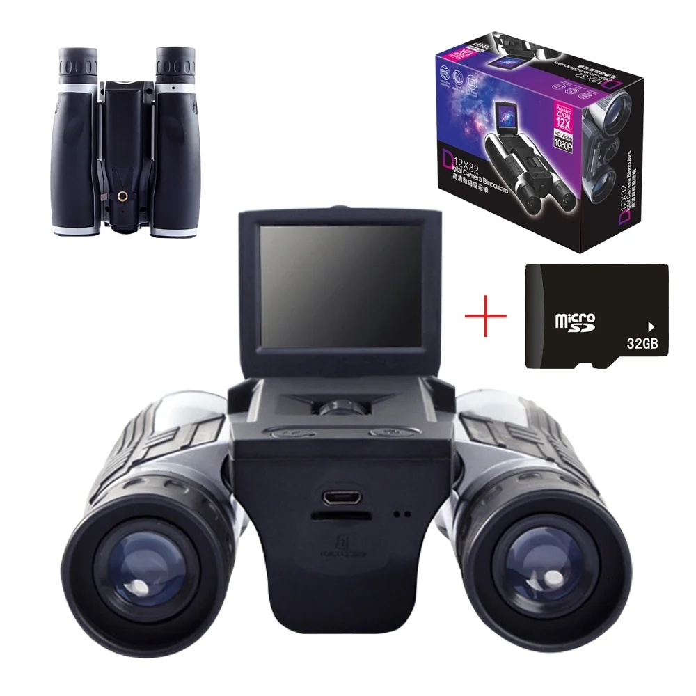 

12x32 Black Binoculars Telescope Folding with Built-in Digital Camera HD 1080P 2.0 Inch LCD