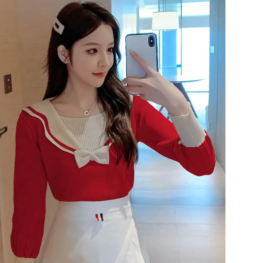 

Женский трикотажный пуловер с бантом, облегающий свитер из двух частей с длинным рукавом, G39, Осень-зима 2022