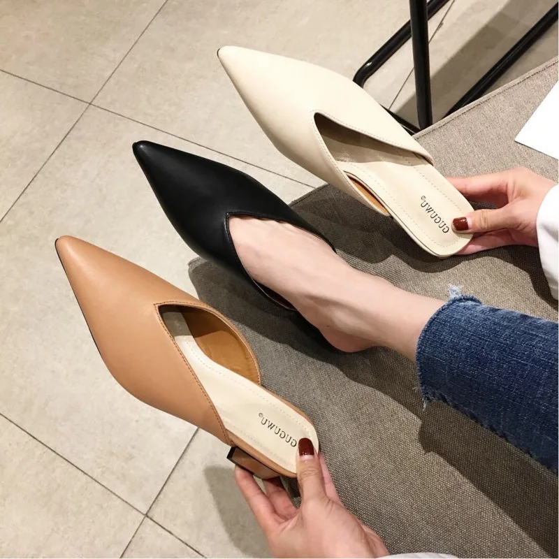 2020 г. летние женские туфли без задника корейские модные черные кожаные шлепанцы с