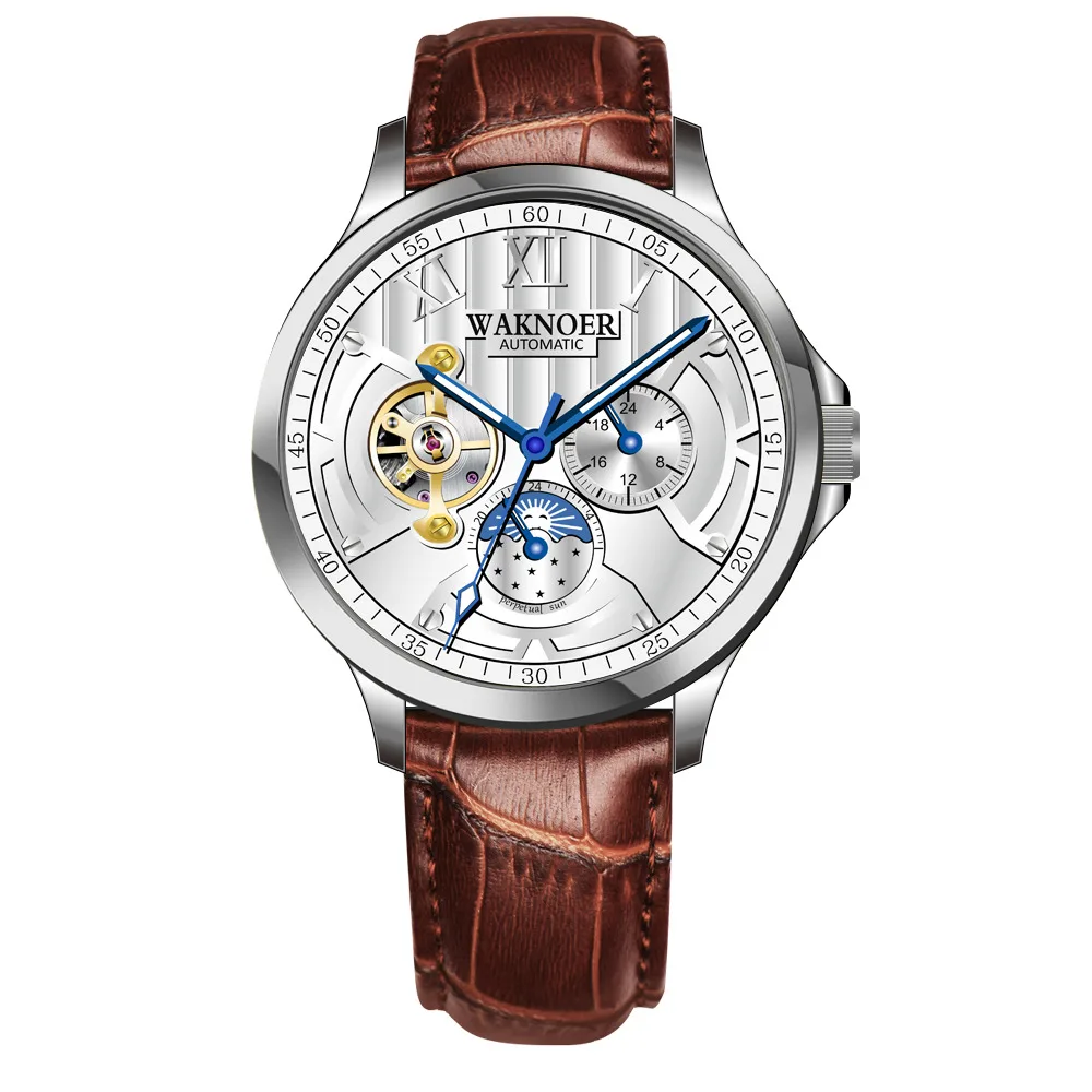silver leather WAKNOER автоматические механические часы для мужчин из нержавеющей стали водонепроницаемый Moon Phase светящиеся роскошные золотые бизнес Tourbillon Montre Homme - Цвет: silver leather