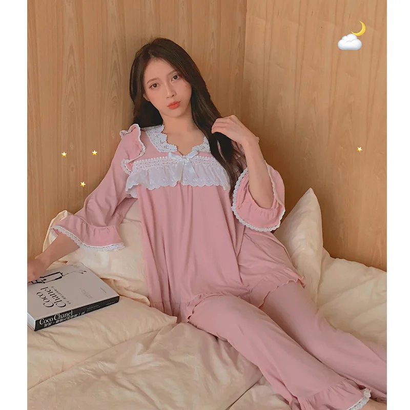 

Summer Palace Style Sweet and Cute Lace Princess Pajamas Short-sleeved Trousers Super Soft Cotton Home Wear Women Pajamas Set