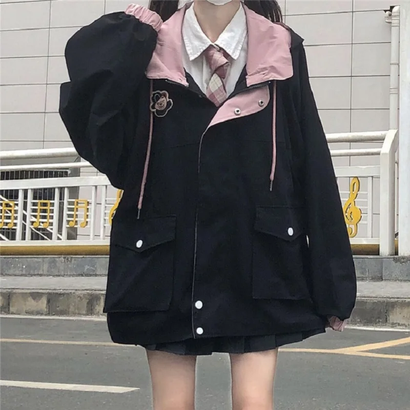 

Loose Pocket Long-sleeve Hooded oversized Fashion Vintage Harajuku Jackets Winter Japanese Women's Casual Punk Streetwear Jacket