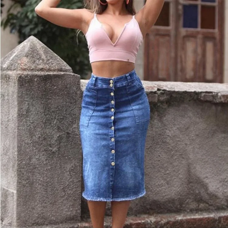 2020women saia jeans feminina wash nail button джинсовая юбка Облегающая | Женская одежда