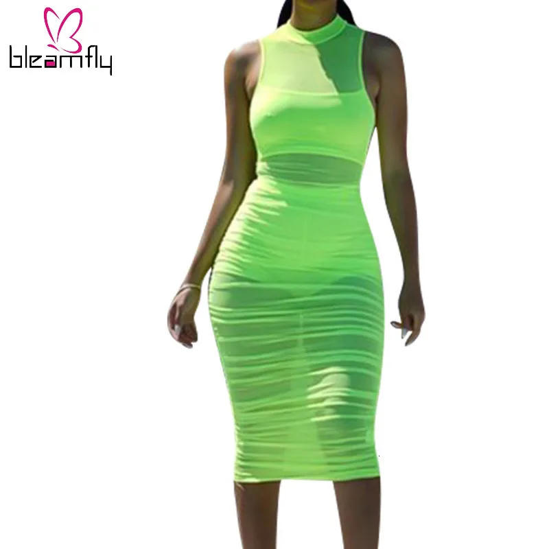 Неоновое зеленое прозрачное Сетчатое платье для женщин с круглым вырезом без