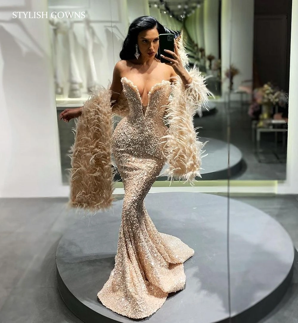 

New Arrival Sexy Champagne Deep V Neck Evening Dress Beaded Party Gowns Mermaid Vestido De Fiesta De Boda