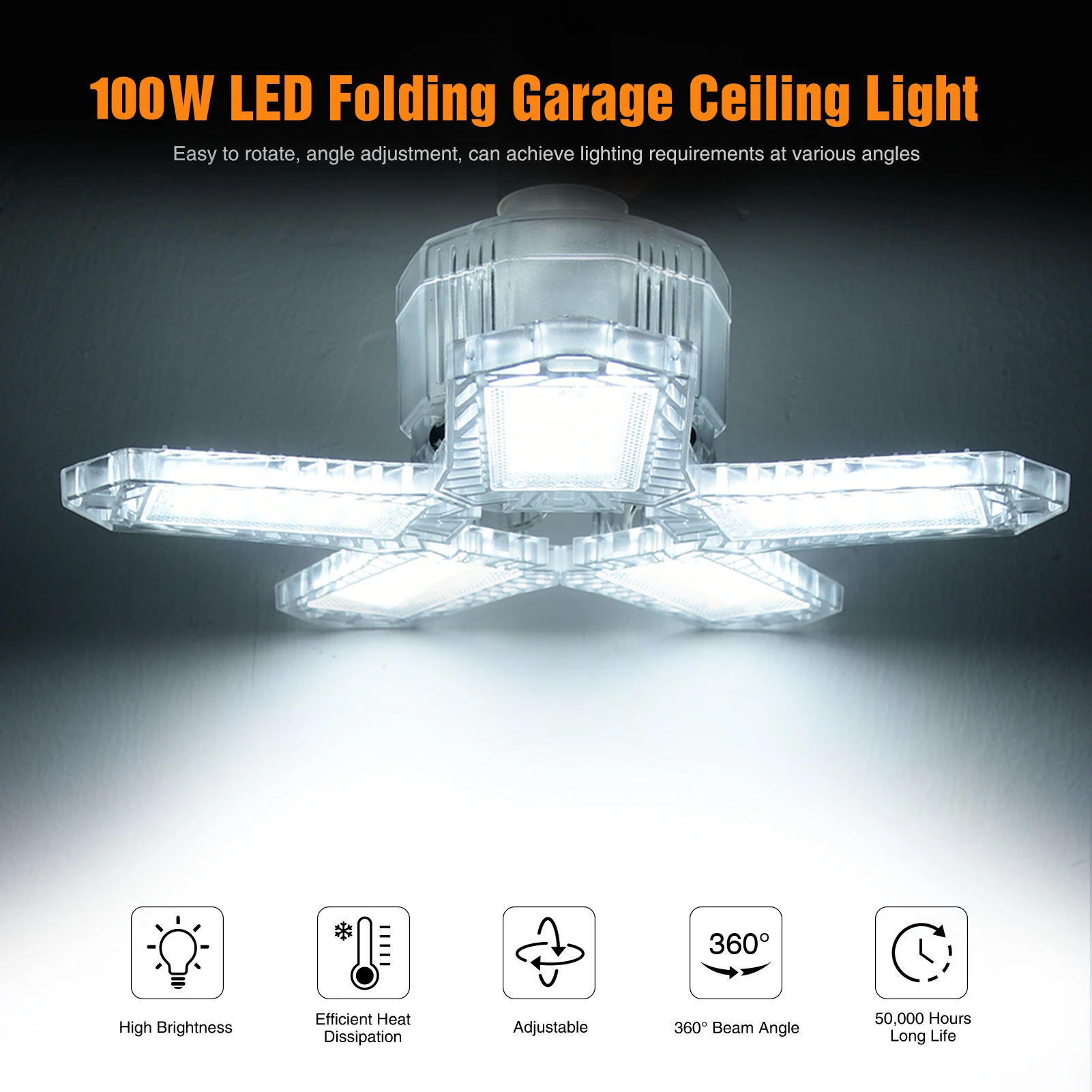 

Garage Light Household Thin Induction Ceiling Lamp Multi-sided Luminescence Foldable With Motion Sensing For E26/E27 Lamp Holder