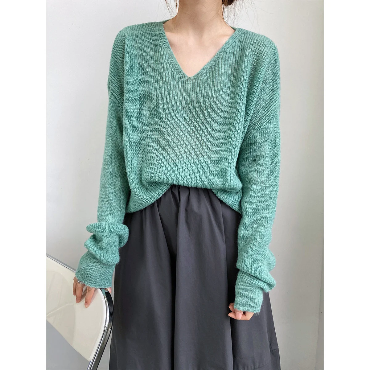 

@YYDS Autumn Korean Women Mohair Sweater V Neck Thin Solid Color Green Knit Sweaters