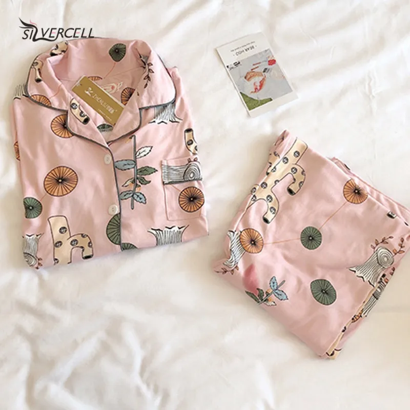 

Pajamas Set Women Long-sleeved Cardigans Fashion Homewear Lapel Cartoon Fruit Print Sleepwear