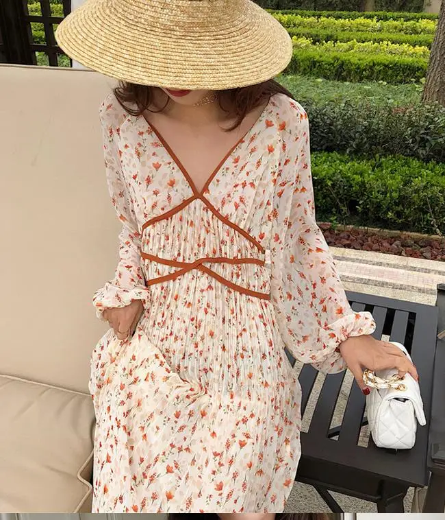 Осеннее романтическое женское шифоновое платье с цветочным принтом сексуальное