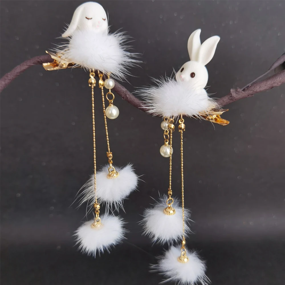 

Antiquity Cute Women Girls Rabbit Fur Ball Hair Accessories Hanfu Accessories Hairball Hairpin Rabbit Hair Clips