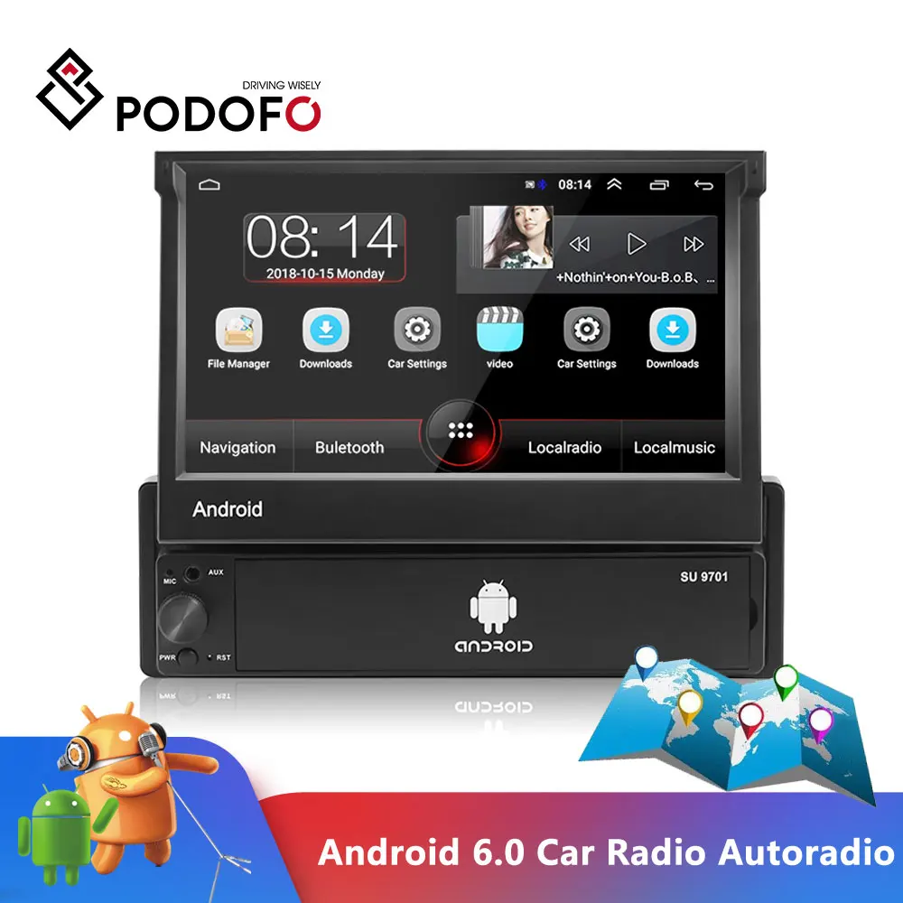 Автомагнитола Podofo 1 Din Android 6 0 7 дюймов сенсорный экран GPS навигация Wi