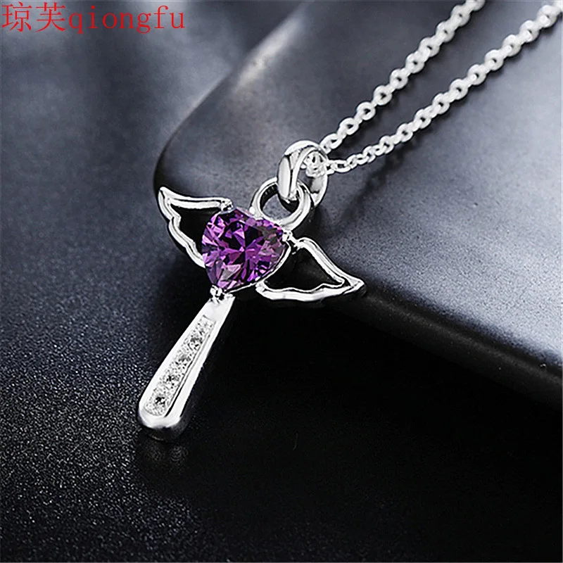 

Qiongfu Birdman's Love Zircon Pendant Necklace Clavicle Chain Heart-shaped Diamond Wing Necklace Cross Chain Mens