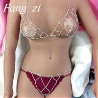 fashion women rhinestone body chain bra set shining crystal thong underwear adjustable mesh chain body jewelry accessories gift