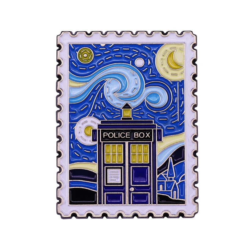 

Van Gogh Starry Night Tradis Time Machine Police Box Stamp Enamel Brooch Pins Badge Lapel Pins Alloy Metal Fashion Jewelry