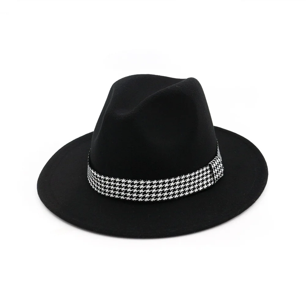 

Autumn Winter Female Trend Flat Brim Straight Brim Houndstooth Top Hat Men Women Wool Cap Elegant Ladies Woolen Retro Jazz Hat