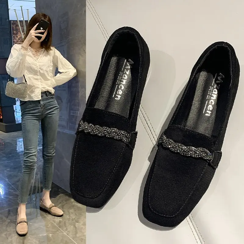

Autumn Winter Women Loafers Low Heels Boat Shoes Square Toe Dress Shoes Chain Faux Suede Plush Warm Ladies Shoes