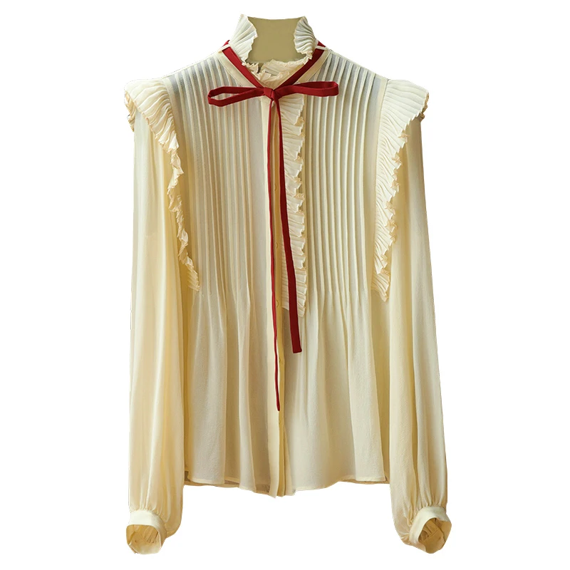 

High Quality Silk Blouses 2021 Spring Summer Shirt Women Ruffled Collar Bow Deco Long Sleeve Elegant Tops Shirt Female Blusa