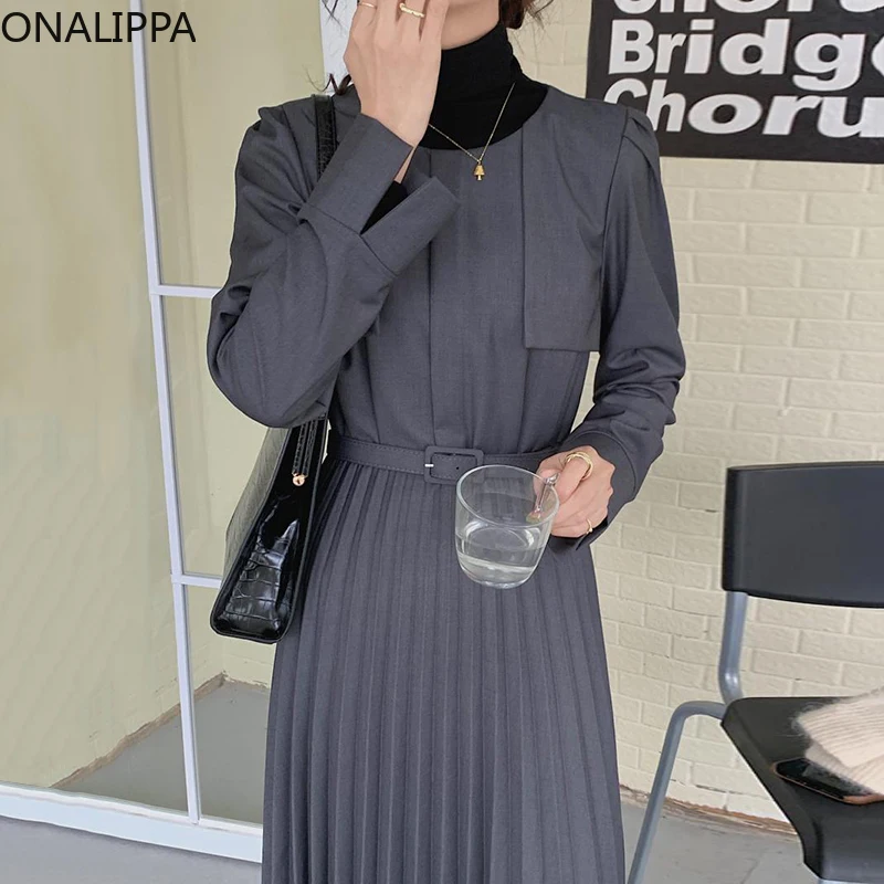 

Женское элегантное однотонное плиссированное платье выше колена Onalippa с круглым вырезом и высокой талией, осень 2021