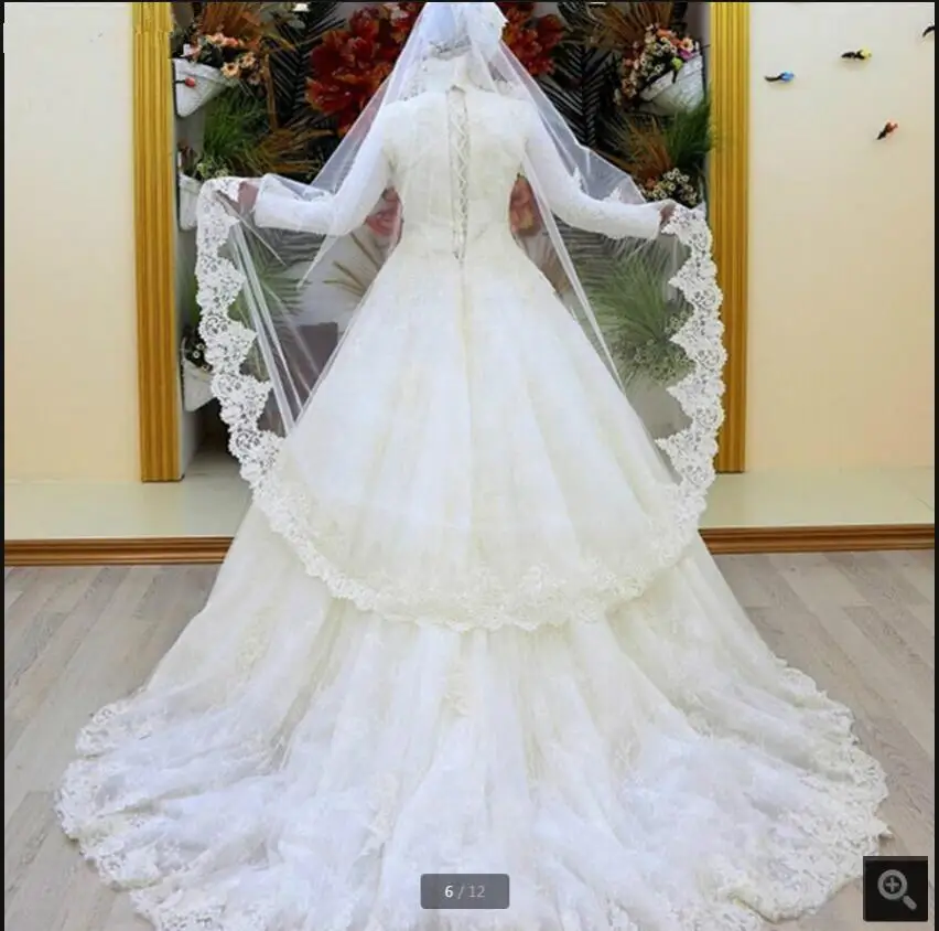 

Vestidos De Novia 2021 beaded Lace Muslim Wedding Dress Vintage Long Sleeves High Collar Saudi Arabia Bridal Gown princess puffy