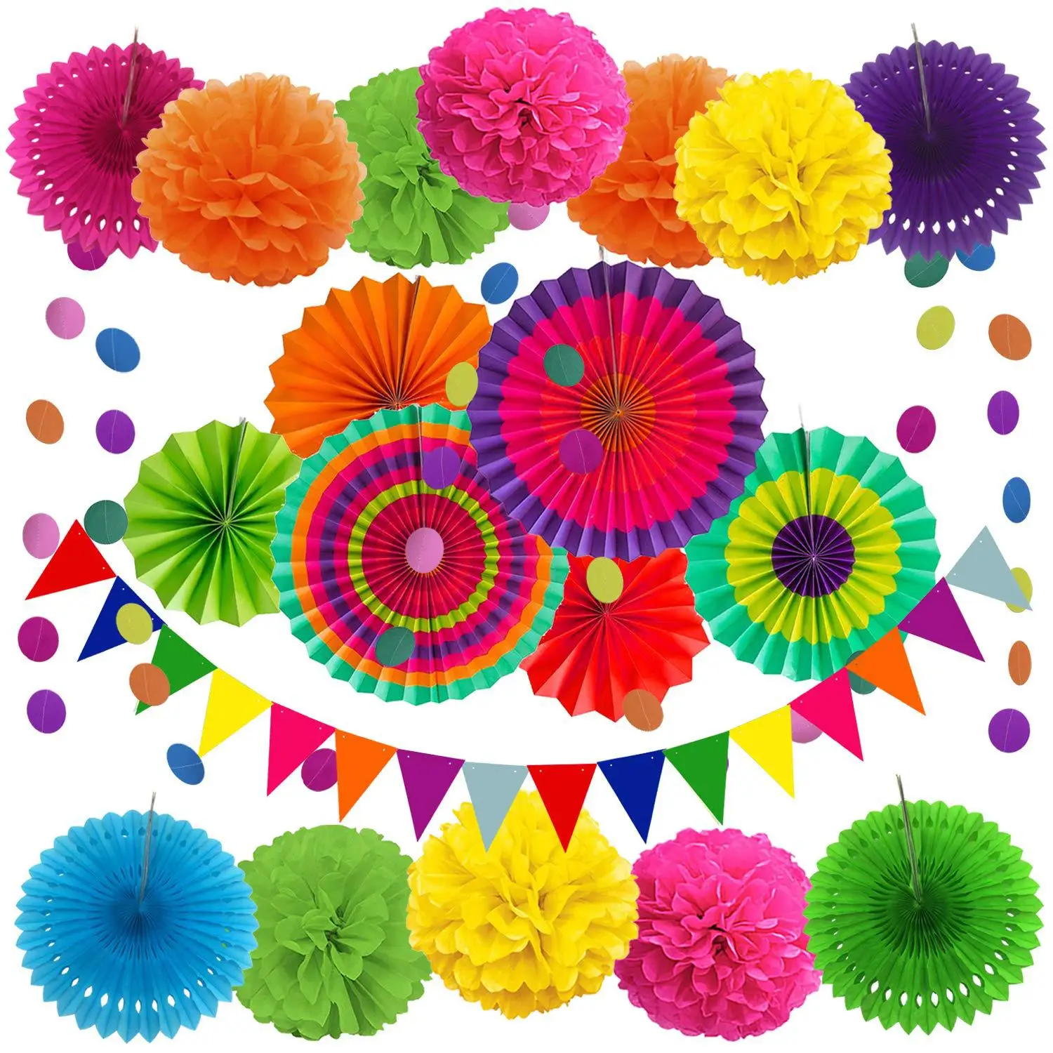 

21Pcs Hanging paper fans, pompoms, garland triangles and colorful flags, suitable for birthdays, weddings, carnivals, parties
