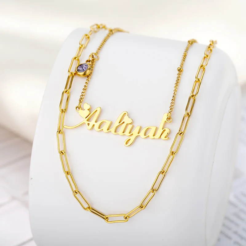 

Necklaces for Women Custom Stainless Steel Zircon Jewelry Birthday Month Name Pendant Double Chain Collar Personalized Name Gift