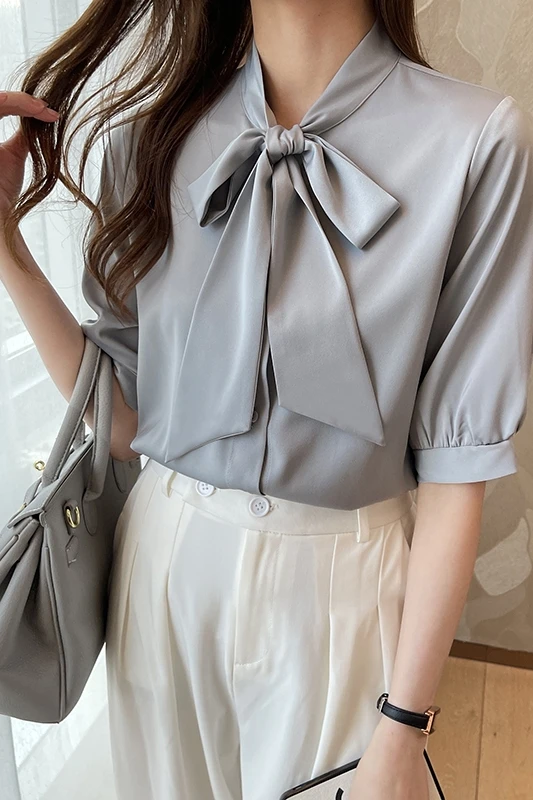 

Houthion Chiffon Slim Women's Blouses Fashion Short Sleeve Top New Casual Blouse Solid Buttons Bow Shirt Summer Lady Blusas