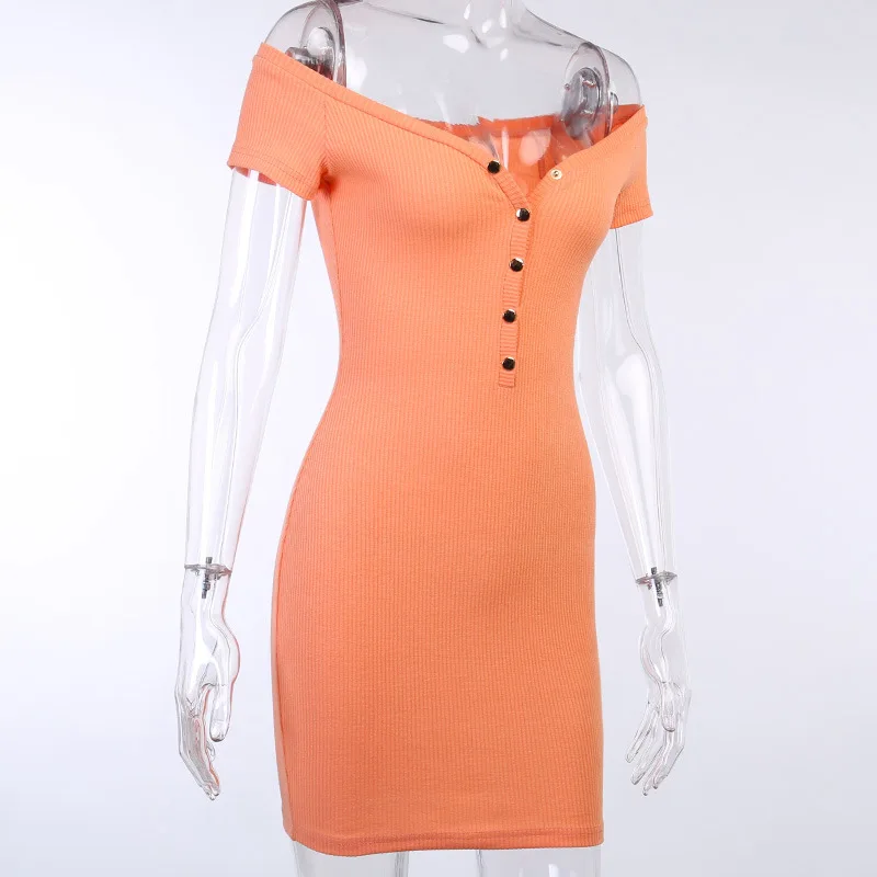 

WJFZQM casual off shoulder button short sleeve wrap sexy women dress mini ribbed bodycon dress summer solid party dress elegant