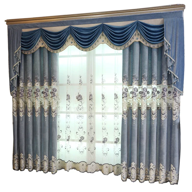 

Luxury Curtains for Living Dining Room BedroomEmbroidered Villa Water-soluble Hollow Italian Velvet Jacquard Blue Flower Curtain