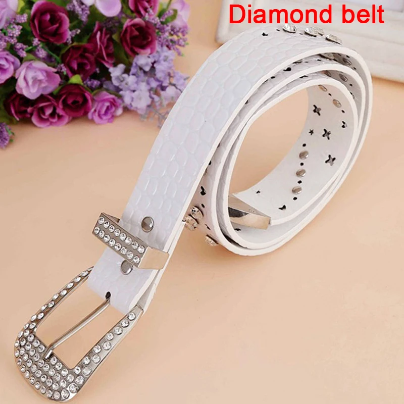 

Fashion Rhinestone Faux Leather Belts For Women Luxury Pin Buckle Belt Woman Cow Skin Strap