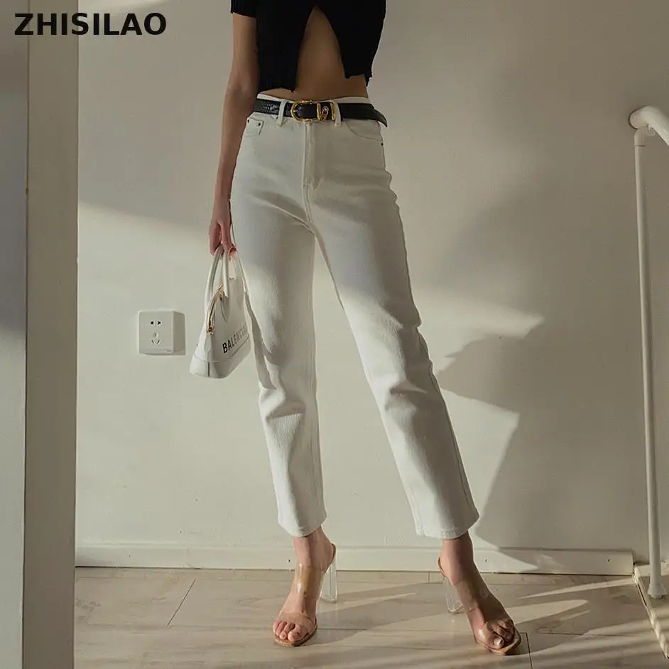 

ZHISILAO 2021 шаровары Винтажные белые джинсы с высокой талией женские бойфренды синие джинсы длиной до щиколотки МОМ прямые джинсовые брюки