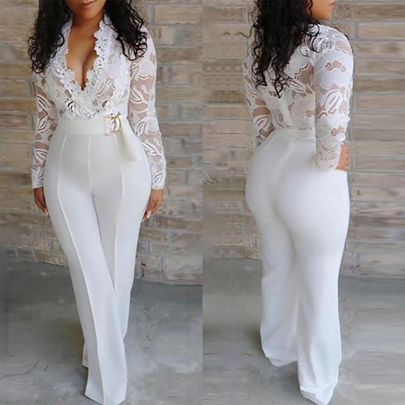 

Lace Rompers Womens Summer Jumpsuit Solid Color Sexy Ladies Casual Long Trousers Overalls White Jumpsuit