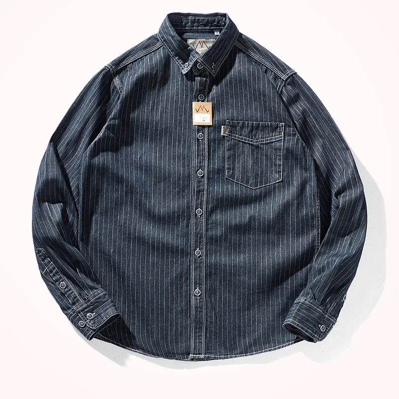 Мужская джинсовая рубашка в полоску стильная повседневная из чистого хлопка с