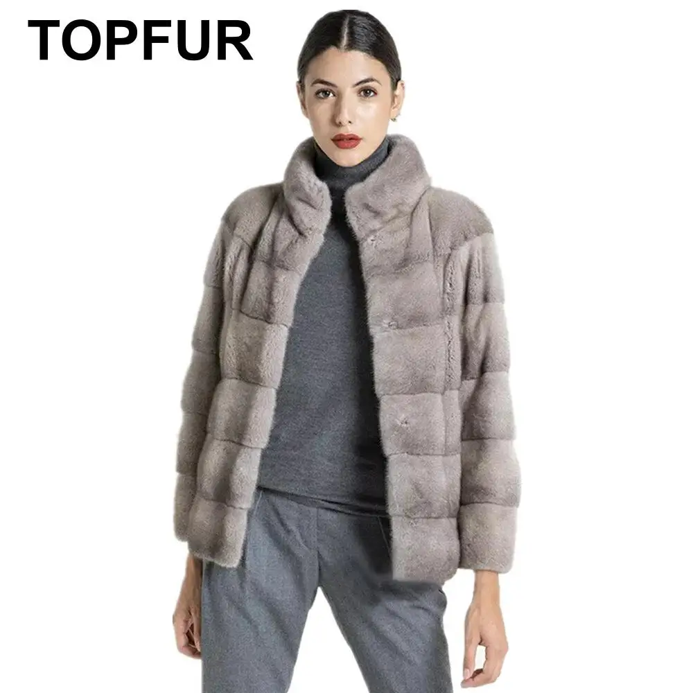 Goedkoop Topfur Mode Licht Grijze Jas Met Bontkraag Winter Jas Vrouwen Leren Jas Plus Size Echte Bontjas Vrouwen Korte Jas