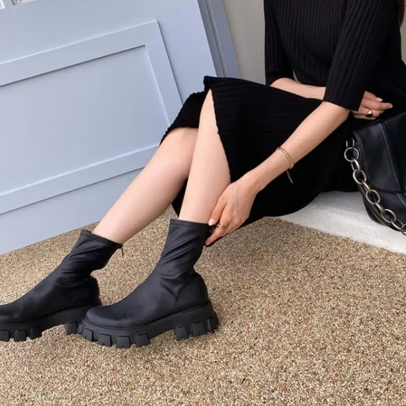 

KemeKiss New Women Short Boots Thick Bottom Stretch Boots Women Fashion Shoes Ladies Ankle Boots Club Footwear Women Size 34-39