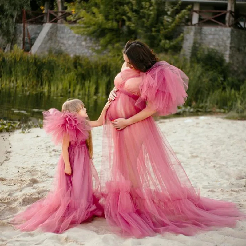 

Photography Maternity Dresses Tiered Prom Dress Sheer Ruffled abendkleider Tulle Party Dress Pleated Adult vestido de festa