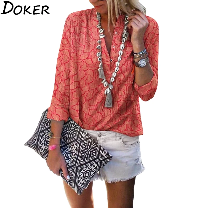 

Блузка женская с принтом размера плюс, Офисная рубашка с V-образным вырезом и длинным рукавом, уличная одежда, 2020