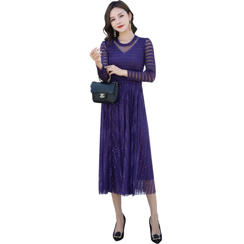

Dress Autumn New Temperament Sequin Mesh Round Neck Fashion Dress