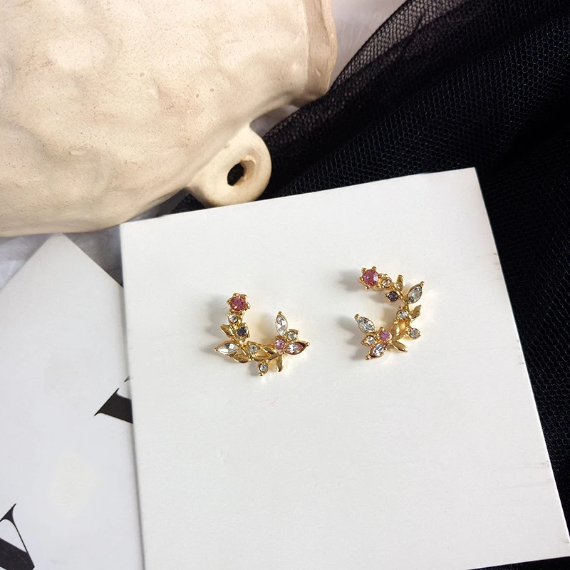 

S925 needle Flower Stud Earrings High Quality Clear Black Pink Crystal Delicate Earrings For Women Jewelry Girl Student Gifts