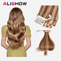 alishow tape in remy human hair extensions double drawn hair straight invisible skin weft pu tape on hair extensions