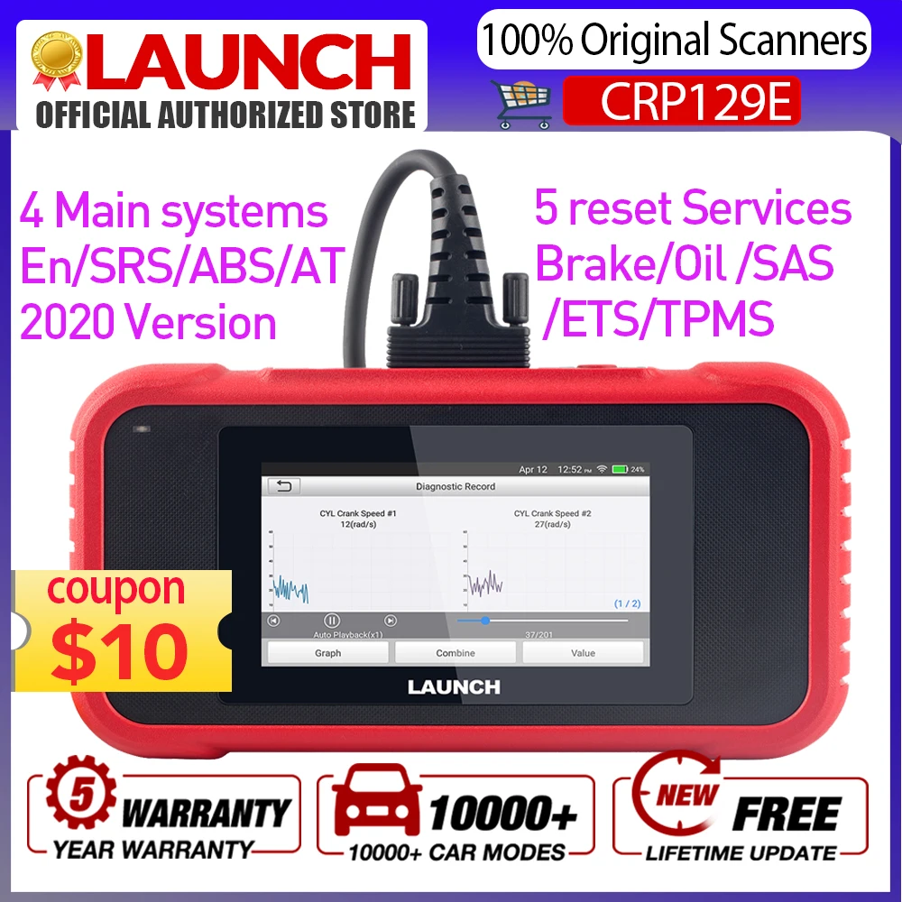 

LAUNCH X431 CRP129E OBD OBD2 Auto Code Scanner Support Engine ABS SRS AT Brake Oil SAS ETS TMPS Reset Function PK NT650