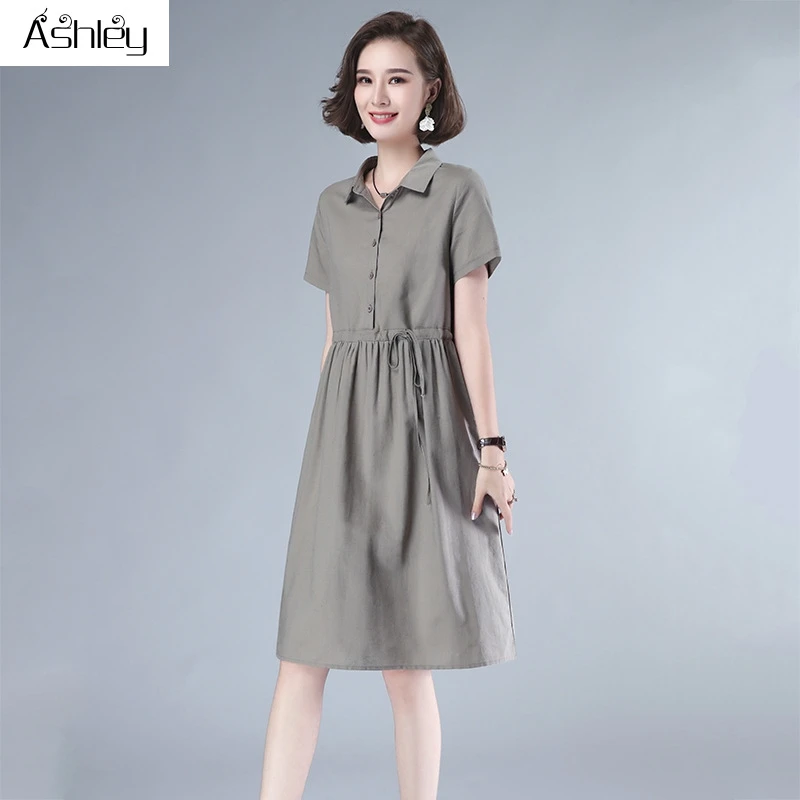 

Ashley Streetwear solid summer dress Women shirt collar ruffled causal party dress Work wear ladies chic buttons office dress