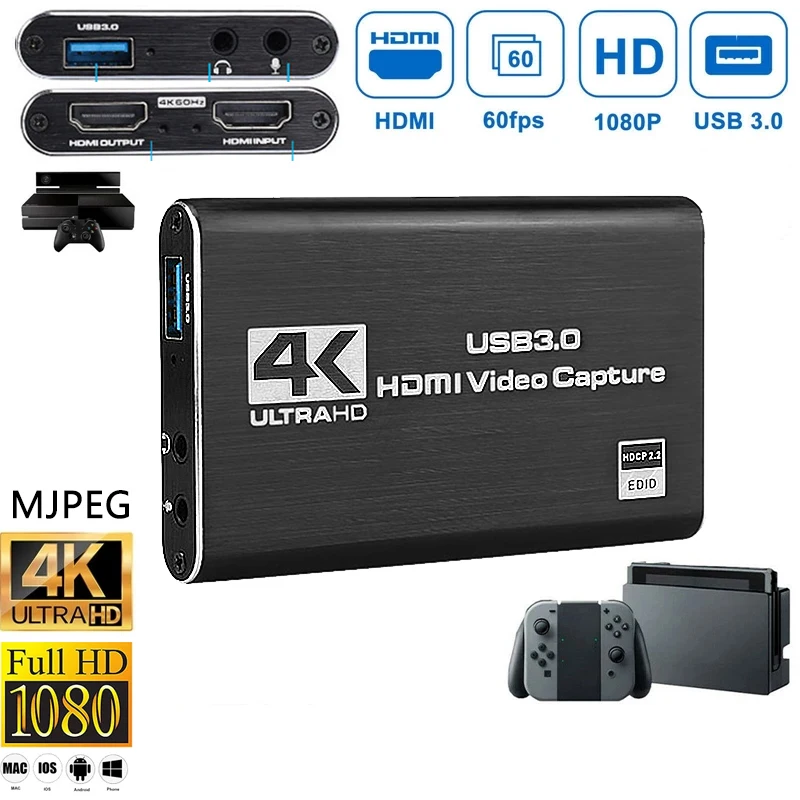 

USB3.0 HDMI-compatible Capture Card 4K 1080p 60Hz 60FPS Video Screen Dongle Game Live For With Linux, Mac OS, Windows,Ps4