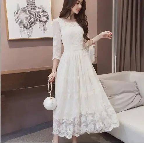 Винтажное осеннее женское платье 2019 в Корейском стиле кружевное Длинное