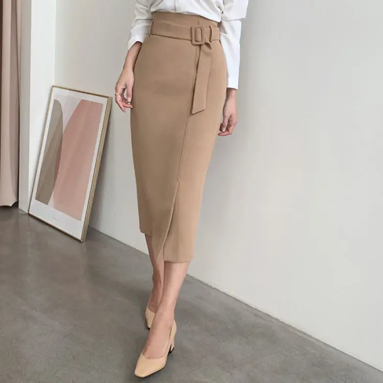 Юбка женская с поясом завышенной талией и разрезом осень |