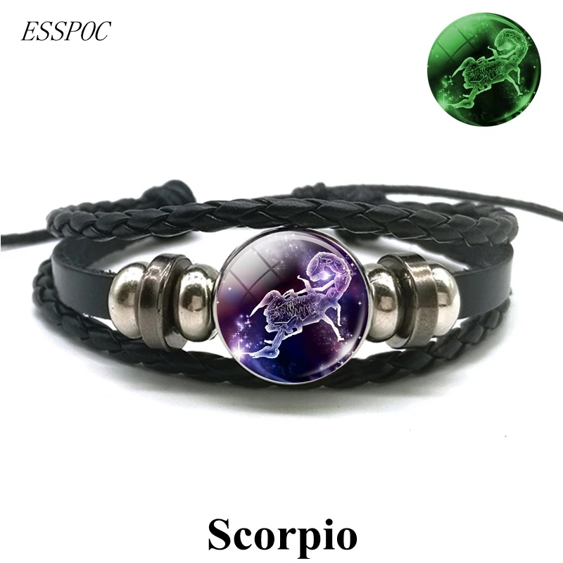 

Gemini Leo Libra Scorpio Sagittarius 12 Constellation Luminous Bracelet Leather Bracelet Zodiac Charm Jewelry Bracelet for Men