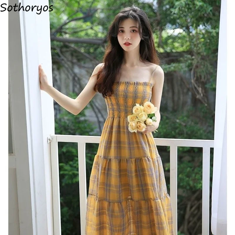 

Sleeveless Dress Women Plaid Summer Fashion Sweet Vintage Korean Style Vestidos Mujer Elegant All-match Simple Loose Backless